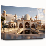 Large abstract wall art on acrylic glass depicting a modern palace design in neutral tones.