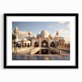 Extra large, colorful abstract art print of a palace, in a black frame with a mat, ideal for living room decor.