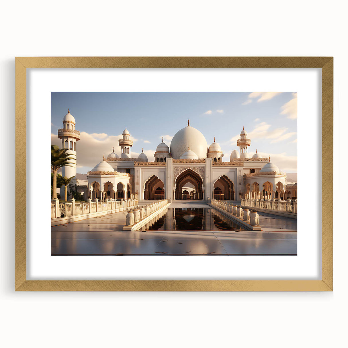 Textured abstract art print of a palace design in gold frame, ideal for bedroom decor.