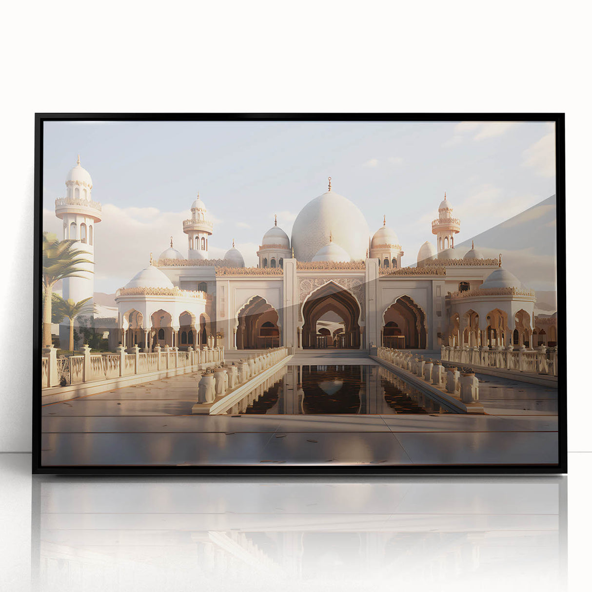 Large abstract wall art featuring mid-century modernist palace design in black and white tones on framed acrylic.