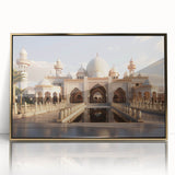 Mid-century modernist art of a palace in muted gold tones on a framed acrylic, ideal for nursery wall art.