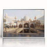 Large art print of a mid-century modernist palace in monochrome, framed in white acrylic, suitable for modern nursery decor.