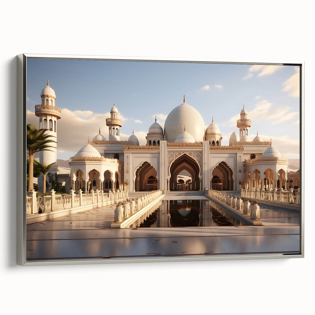 Vintage poster art of a palace, in muted black and colorful accents on a framed canvas, ideal for living room decor.