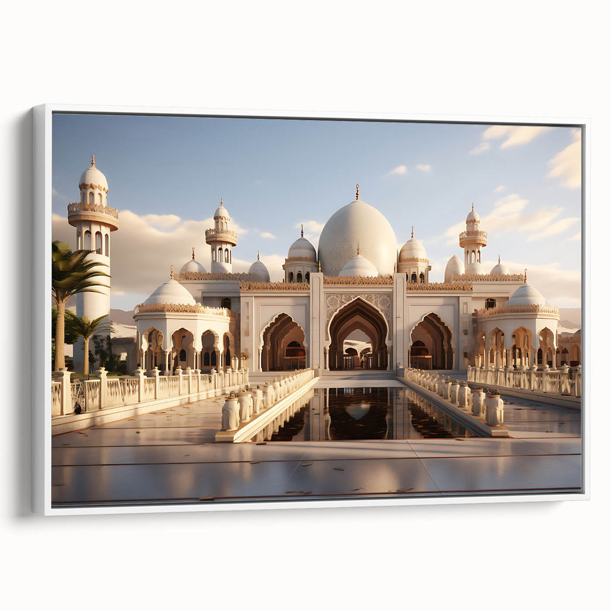 Framed canvas of a vintage black and white palace design, ideal for bedroom wall art.
