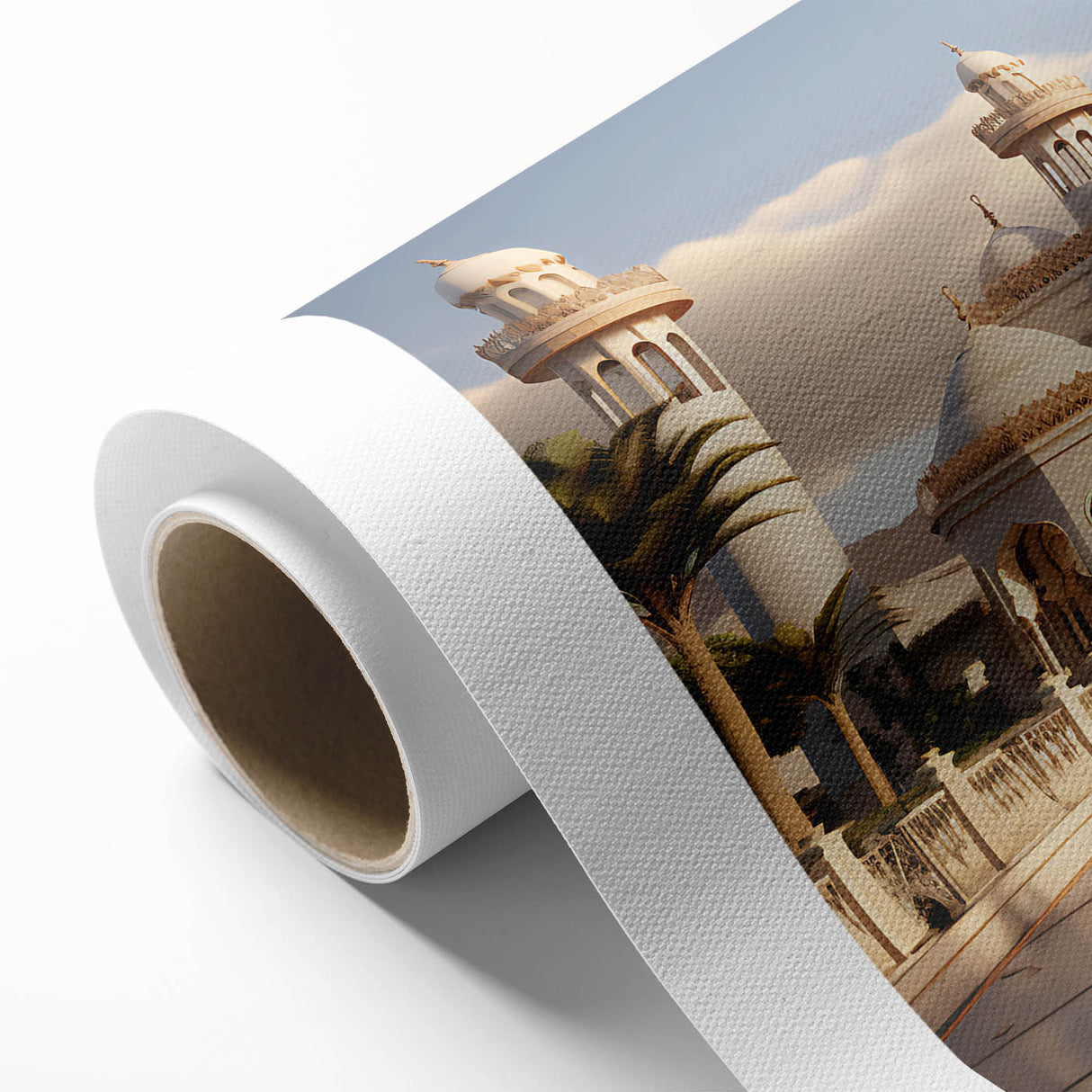 Art deco poster of a palace architecture in pastel shades on rolled canvas, ideal for nursery wall art.