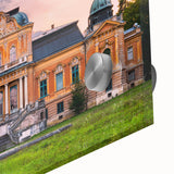 Mid-century modernist large abstract wall art on acrylic glass, featuring geometric shapes in muted earth tones.