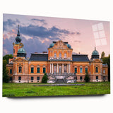 Large abstract wall art on acrylic glass depicting a modern palace architecture, in cool blue and gray tones.