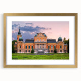 Textured abstract art print depicting a palace design in gold and white tones on a framed canvas, suitable for bedroom decor.