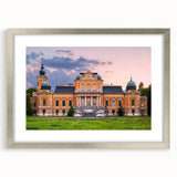 Abstract art print of a palace design in muted gray and silver tones on a framed poster, suitable for dining room decor.
