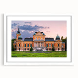 Extra large abstract art print of a textured palace design in muted gray and white, framed with a mat.