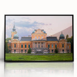 Large abstract wall art depicting a mid-century modernist palace design in black and white tones, framed acrylic.