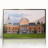 Mid-century modernist art depicting a palace, in gold and beige tones on a framed acrylic, ideal for nursery wall decor.
