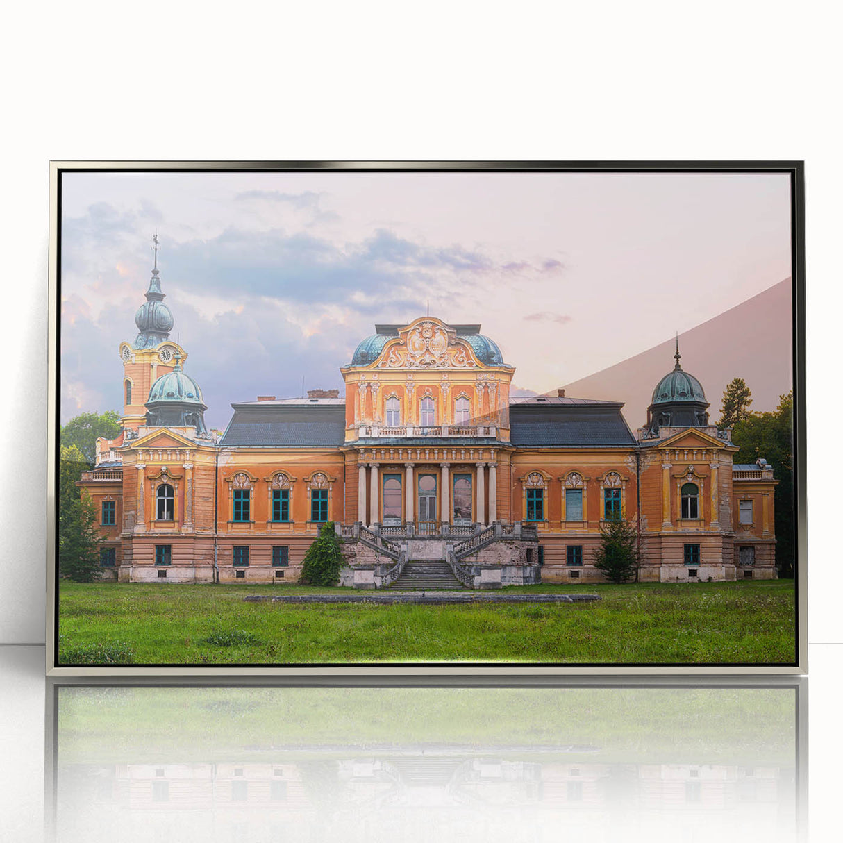 Art Deco style palace architecture in silver acrylic frame, ideal for modern art wall decor in a nursery.
