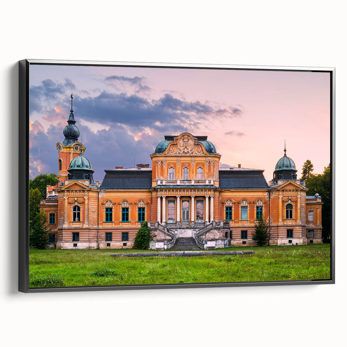 Framed canvas featuring a black and white vintage poster of a palace design, ideal for bedroom wall decor.