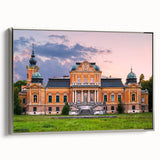 Vintage poster art of a palace in vibrant colors on a large framed canvas, suitable for living room decor.