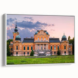 Framed canvas featuring a vintage poster of a palace in muted black and white tones, suitable for bedroom decor.