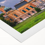 Art deco poster of a palace in monochrome, printed on rolled canvas, suitable for dining room wall art.