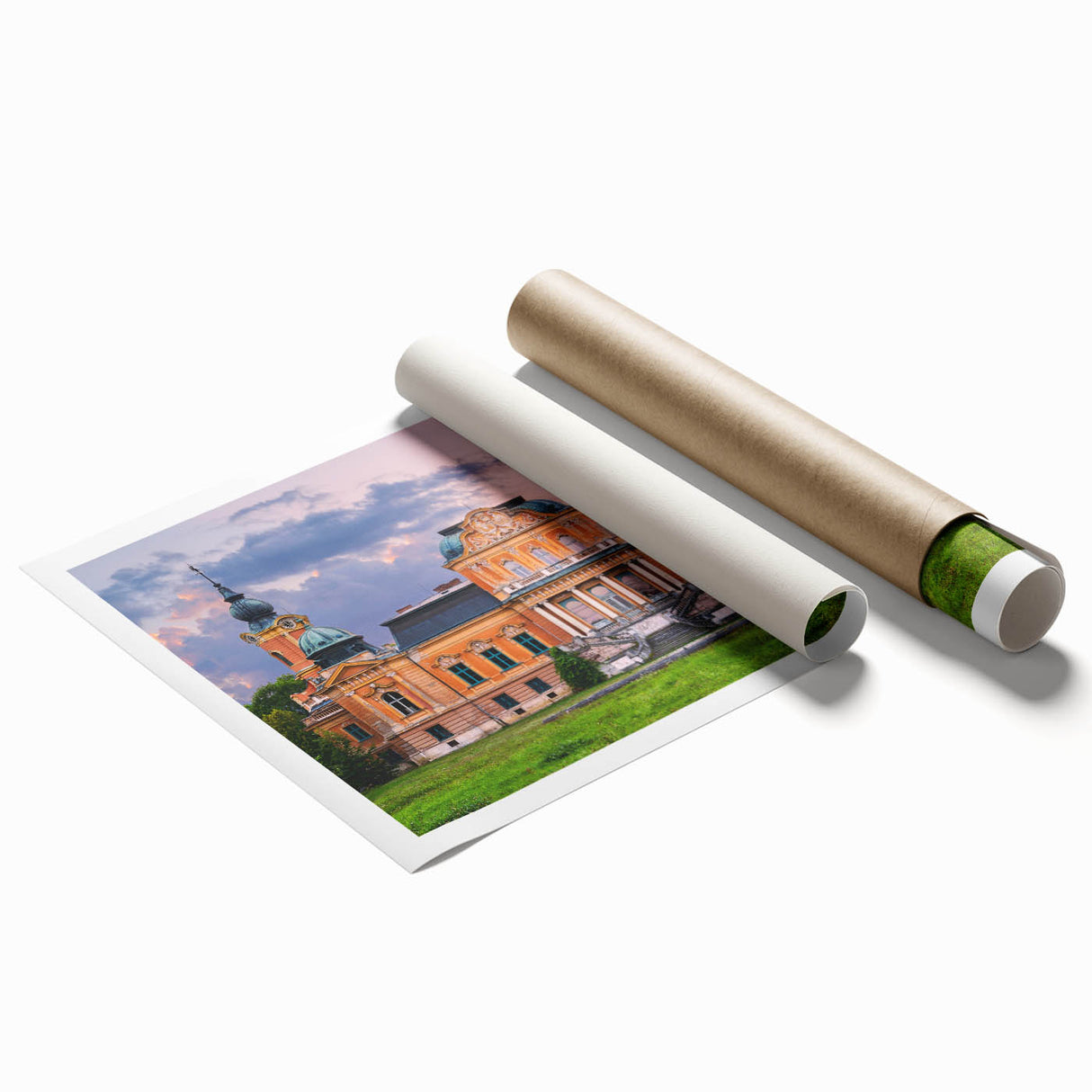 Extra large rolled print of a floral art palace design in muted earth tones, ideal for classy bathroom wall art.