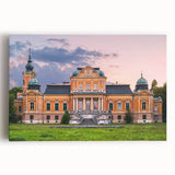 Large black and white photo of a palace architecture on stretched canvas, suitable for kitchen wall art.