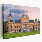 Large art featuring a detailed palace architecture design on stretched canvas, in muted earth tones.