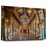 Large abstract wall art on acrylic glass depicting a modern palace design in neutral hues.