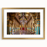 Textured abstract art print of a palace design in muted gold and white, framed with a gold mat, suitable for bedroom decor.