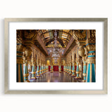 Abstract art print of a palace design in muted silver and gray tones, framed with a silver mat.