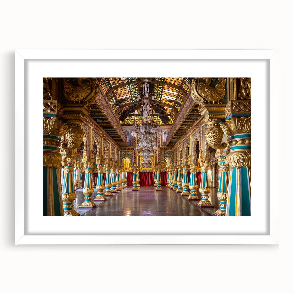Extra large abstract art print featuring a textured design of a palace in muted gray and beige, framed in white.