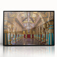 Large abstract wall art of a palace in black and white, framed acrylic, ideal for modern living room decor.