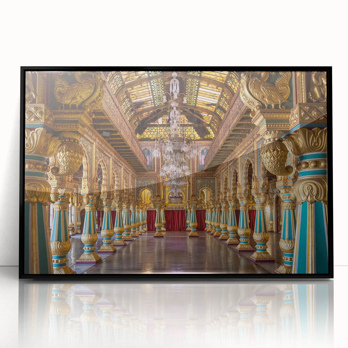Large abstract wall art of a palace in black and white, framed acrylic, ideal for modern living room decor.