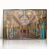 Mid-century modernist art of a palace in gold and beige tones on framed acrylic, suitable for nursery wall art.