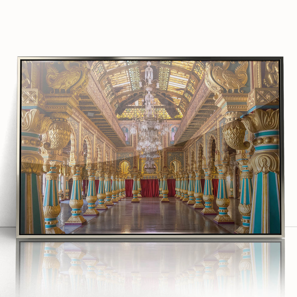 Art Deco poster of a palace architecture in silver frame, ideal for modern nursery wall art.
