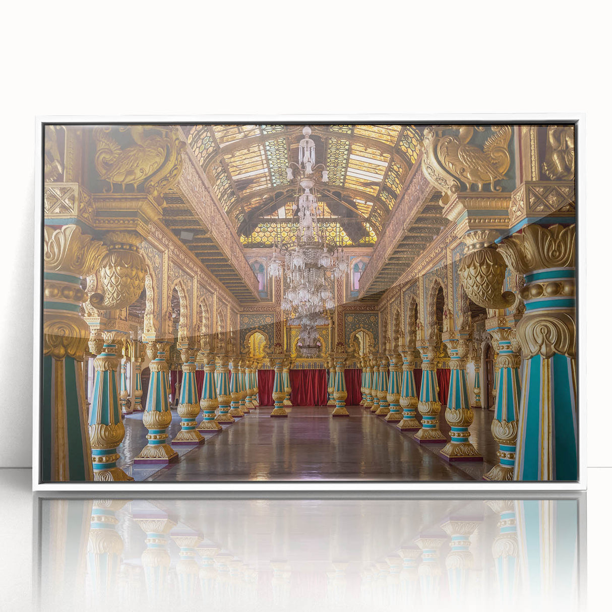 Mid-century modernist palace architecture depicted in muted tones on a large framed acrylic print.