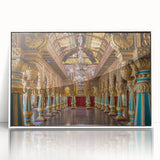 Mid-century modernist palace architecture depicted in muted tones on a large framed acrylic print.