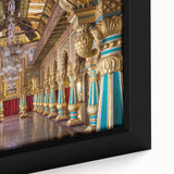 Extra large black wall art featuring a textured palace design with colorful accents on a framed canvas.