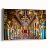 Vintage poster art of a palace design on framed canvas, featuring black and colorful art.