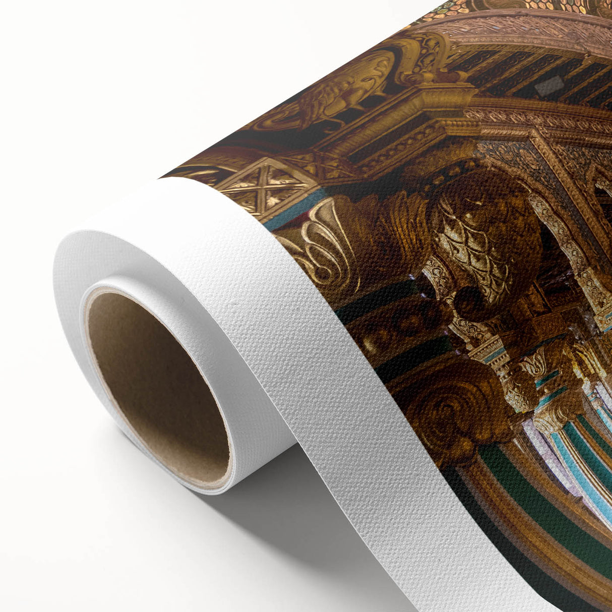 Art Deco poster of a geometric palace design in muted gold and white, rolled canvas.