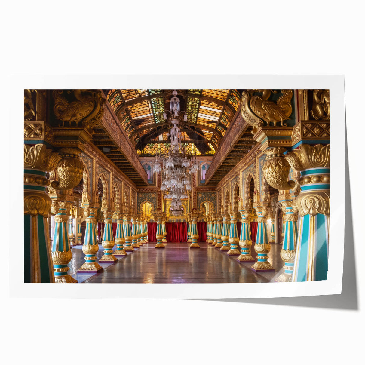 Extra large rolled print of a palace architecture design in muted earth tones, suitable for dining room or bathroom wall art.