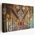 Large art print of a palace architecture design on stretched canvas, featuring neutral and earth tones.