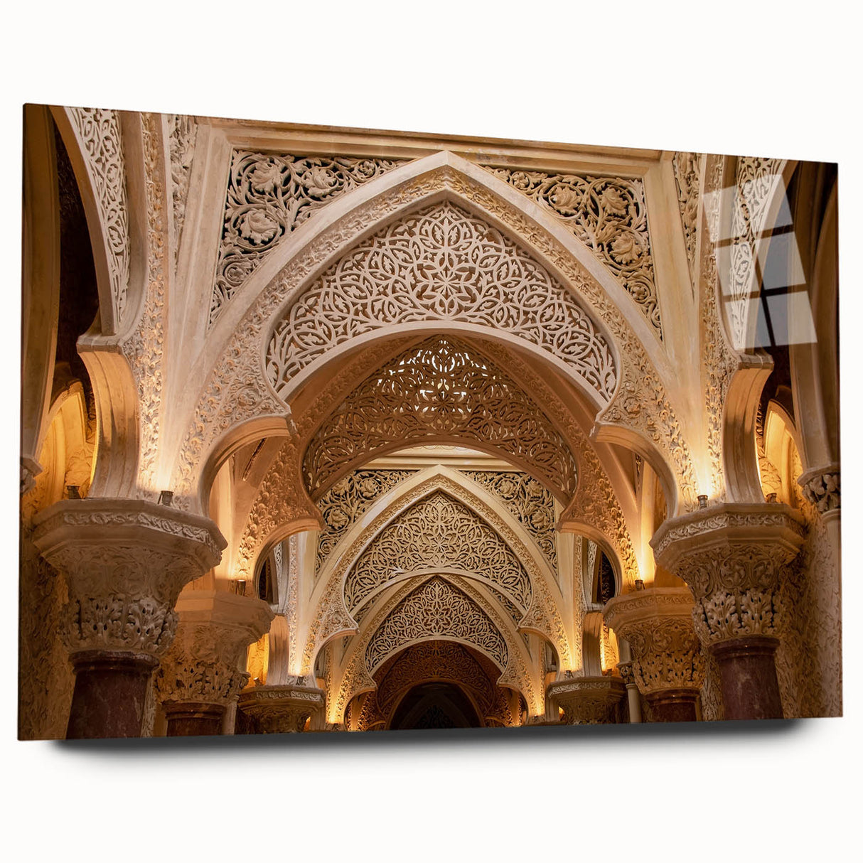 Large abstract wall art on acrylic glass, featuring a palace design in muted gray tones.
