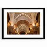 Extra large abstract art print featuring a colorful, textured depiction of a palace, framed in black.