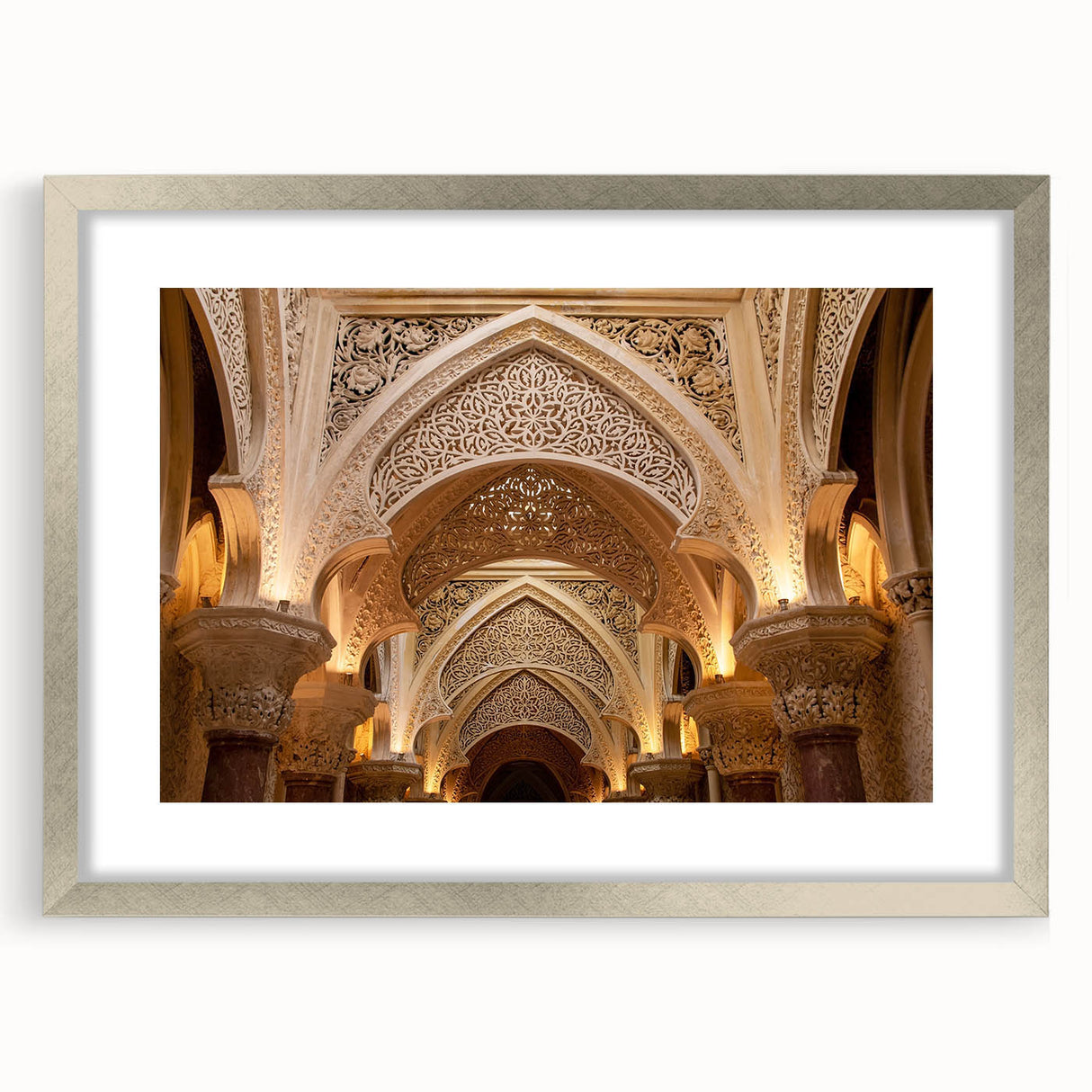 Abstract art print of a geometric palace design in silver and gray tones on a framed poster.