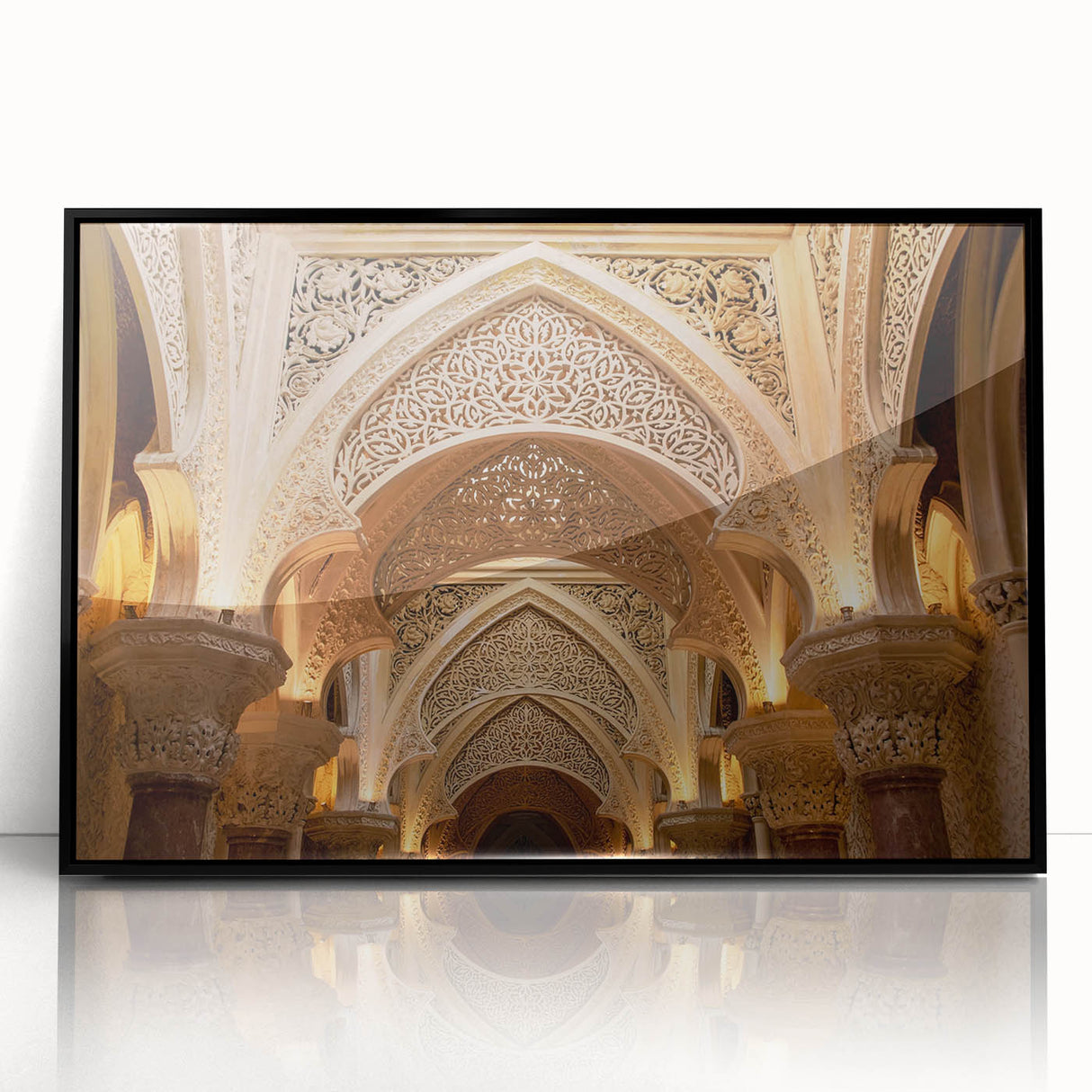 Large abstract wall art featuring a mid-century modernist palace design in black and gray tones on a framed acrylic panel.