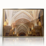 Mid-century modernist palace design in gold and white tones on a framed acrylic, ideal for nursery wall art.