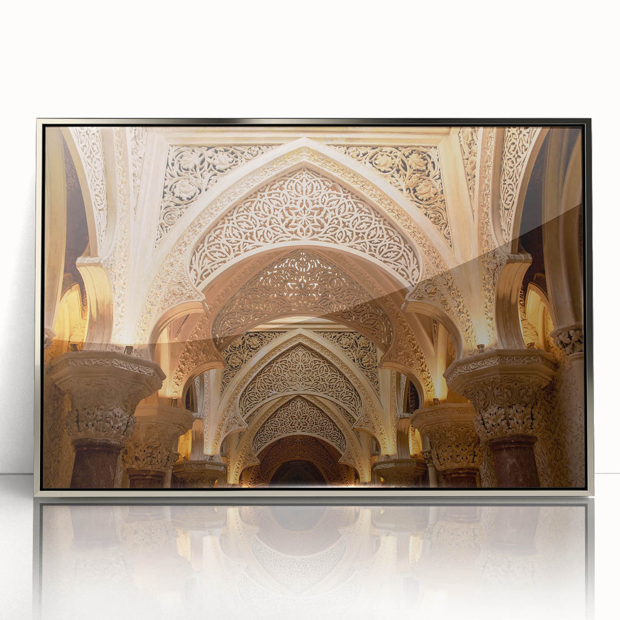 Art Deco style palace architecture depicted in silver and gray tones on a framed acrylic, suitable for modern art wall decor.