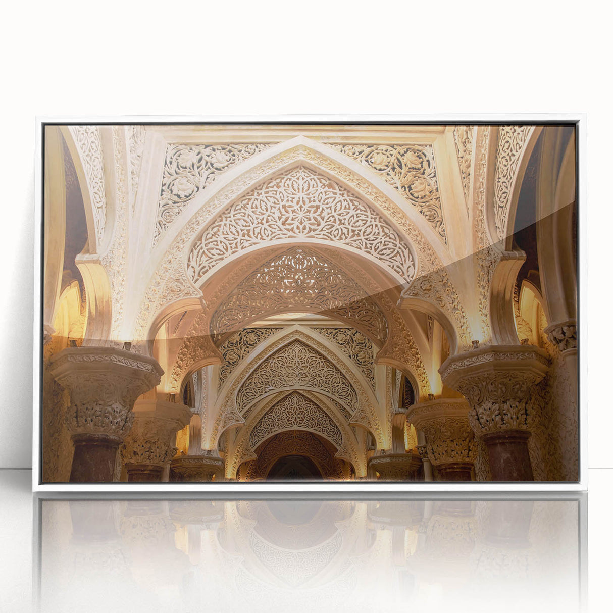 Mid-century modernist palace architecture in muted beige and white tones, framed acrylic print.