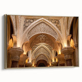 Framed canvas of a vintage-style landscape painting featuring a palace, in muted gold and black tones.