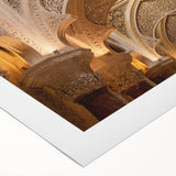 Art deco poster featuring a geometric palace design in muted gold and black on rolled canvas, ideal for dining room wall art.