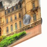 Mid-century modernist large abstract wall art on acrylic glass featuring bold geometric shapes in earth tones.