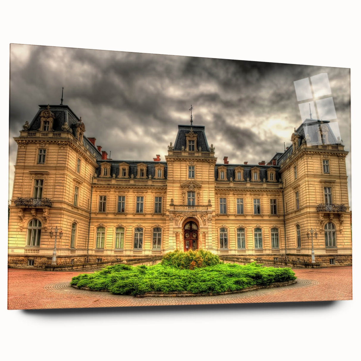 Large abstract wall art on acrylic glass depicting a modernist palace design in muted gray.